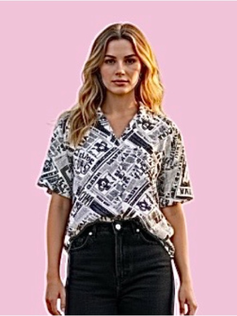 No Boundaries Black & White Newspaper Print Button-Down Shirt